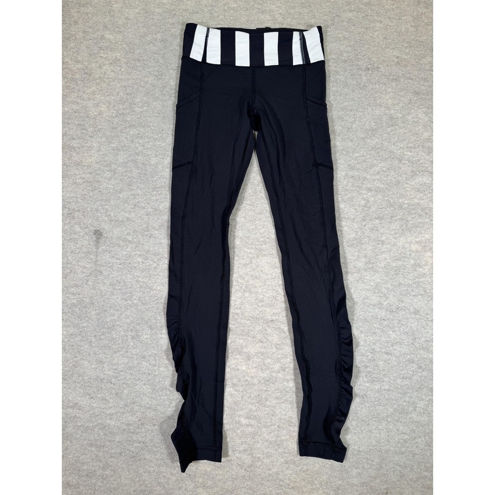 Lululemon Leggings Womens 2 Black Stripe Waist Ankle Ruched Zip Pocket‎ Yoga Gym